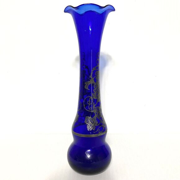 Vintage COBALT BLUE Hand Blown Gilded Art Glass Bud Vase Genie Bottle 8 in Tall - Picture 3 of 12